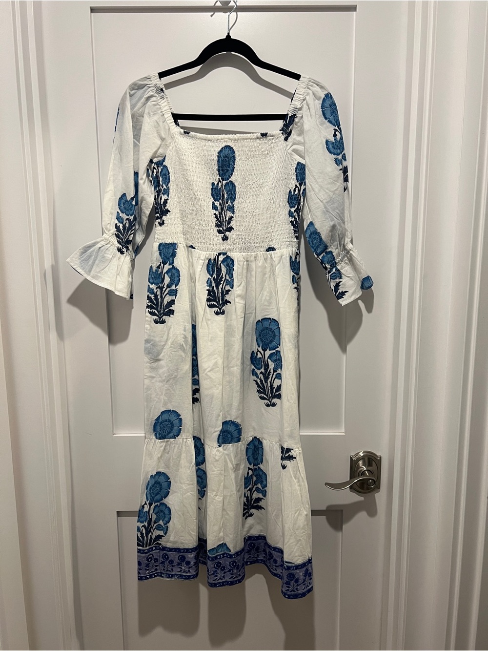 Victoria Dunn White Midi Dress with Blue Floral Print